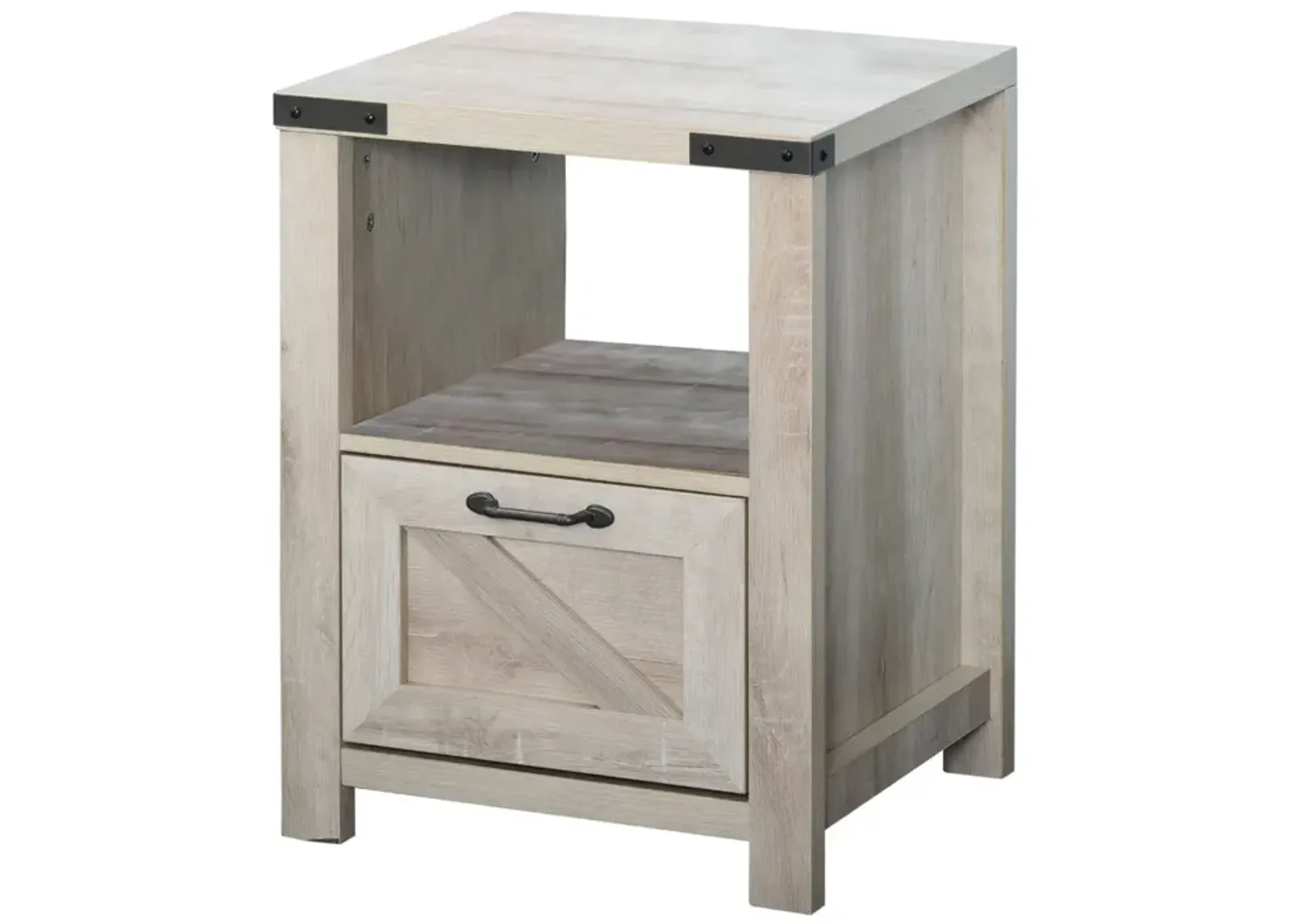 Natural Industrial Side Table: Retro End Desk with Drawer, Shelf, Big Tabletop