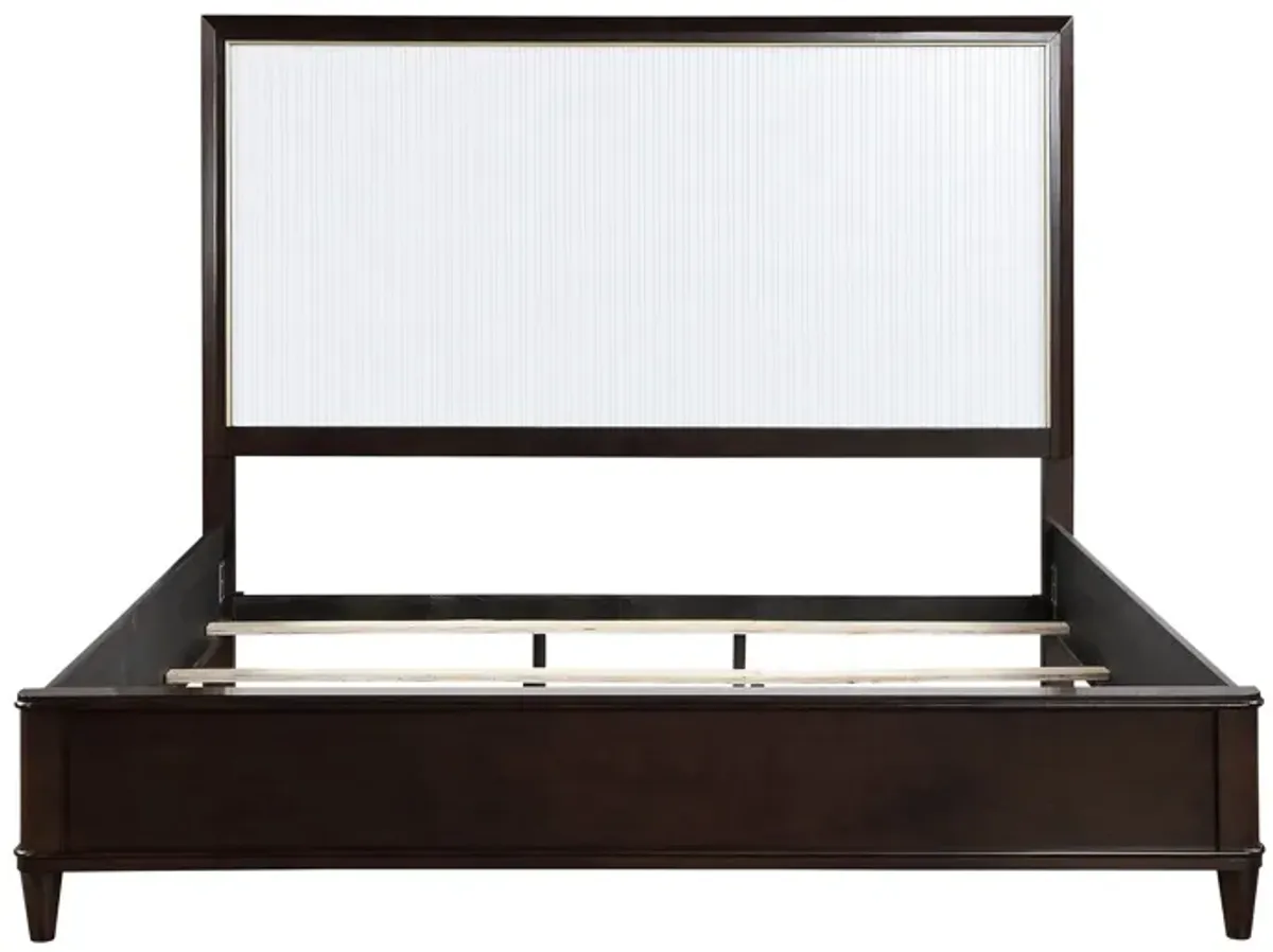 Shim Queen Size Bed with Tall Headboard, White and Cherry Brown Wood - Benzara