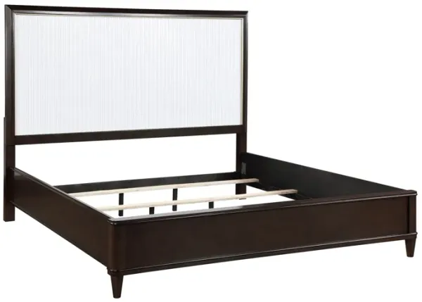 Shim Queen Size Bed with Tall Headboard, White and Cherry Brown Wood - Benzara