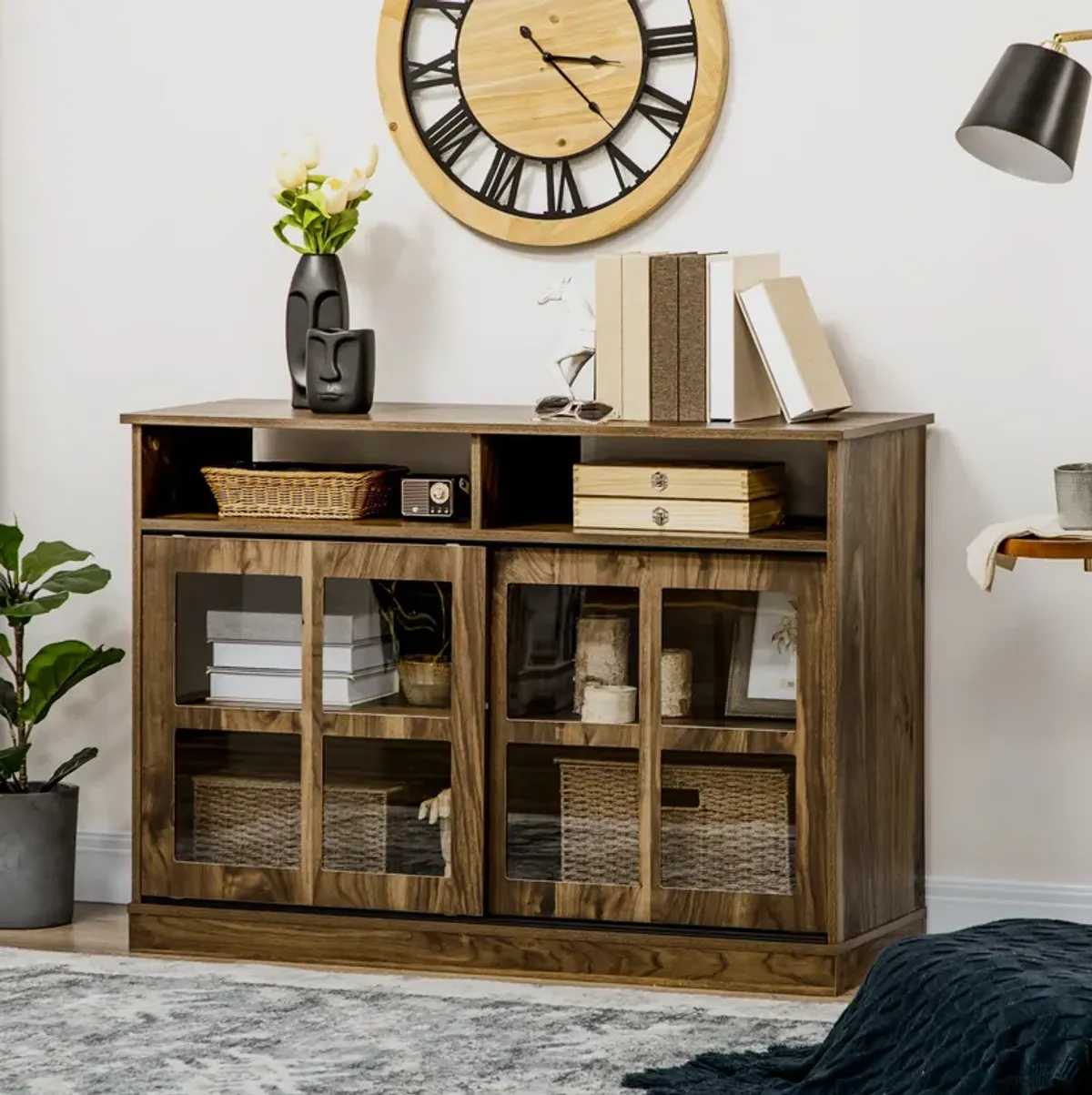 Walnut Living Room Storage: Modern Sideboard with Sliding Doors & Adjustable Shelves