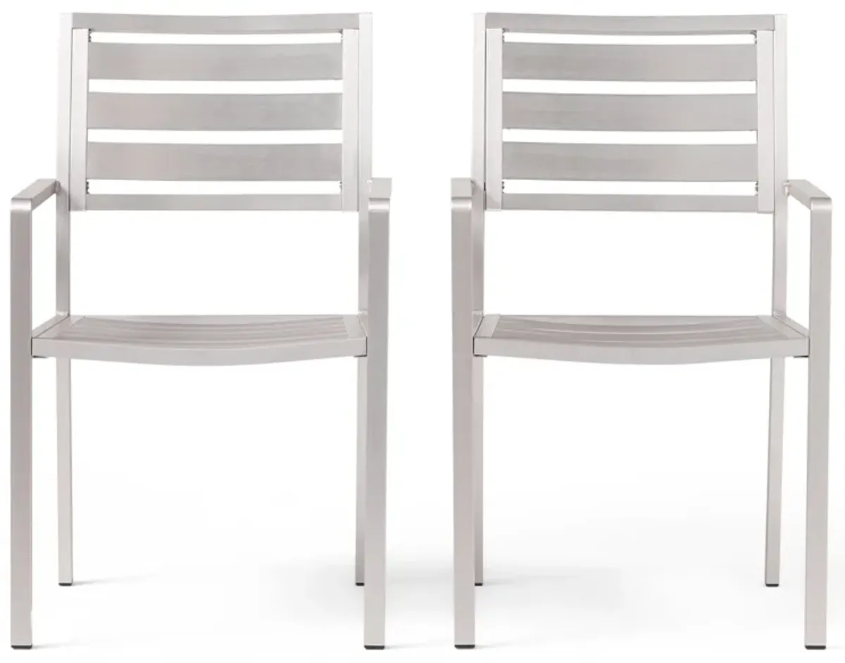 Niko Outdoor Dining Chair Set of 2, Open Slat Design, Metal, Silver Finish - Benzara