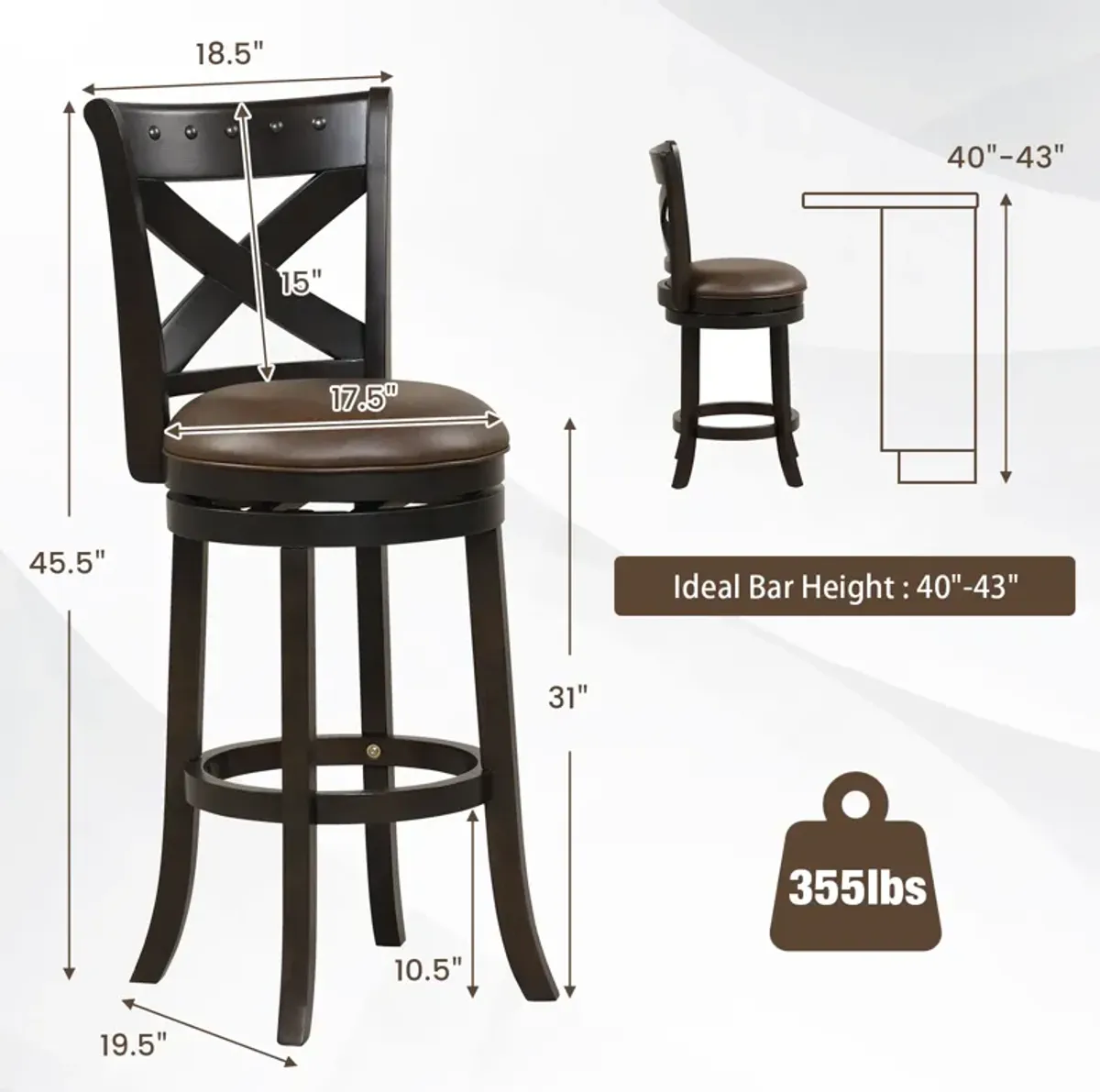 Swivel Bar Stool with Curved Backrest PU Leather Seat and Footrest