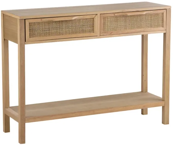 39 Inch Sofa Table, 2 Drawers, Rattan Cane Design, MDF, Pine Wood, Brown - Benzara