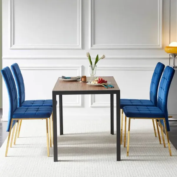 5Piece Dining Set Including Blue Velvet High Back Golden Color Legs Nordic Dining Chair Creative Design MDF Dining Table