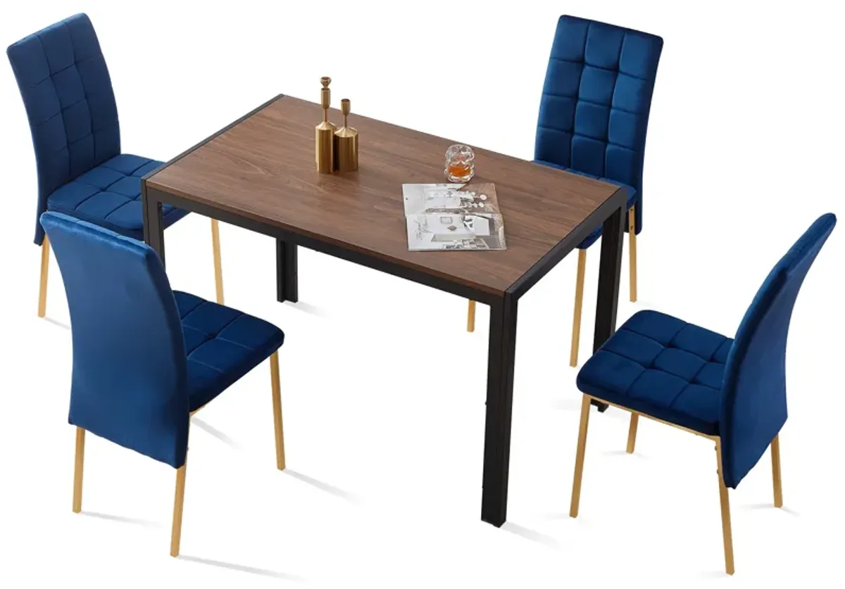 5Piece Dining Set Including Blue Velvet High Back Golden Color Legs Nordic Dining Chair Creative Design MDF Dining Table
