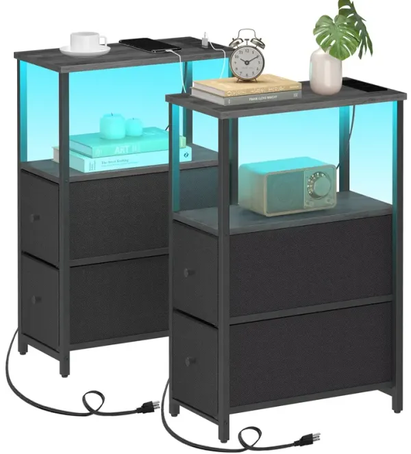 TUTOTAK Small Narrow LED End Table with Charging Station, Side Table Outlets, Nightstand with 2 Cloth Drawers, Set of 2, Couch T