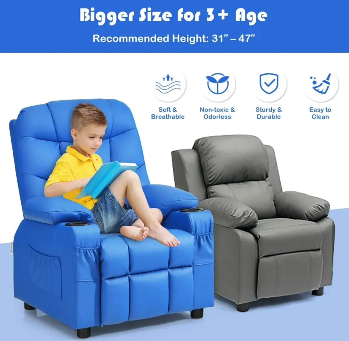 Kids Recliner Chair with Cup Holder and Footrest for Children