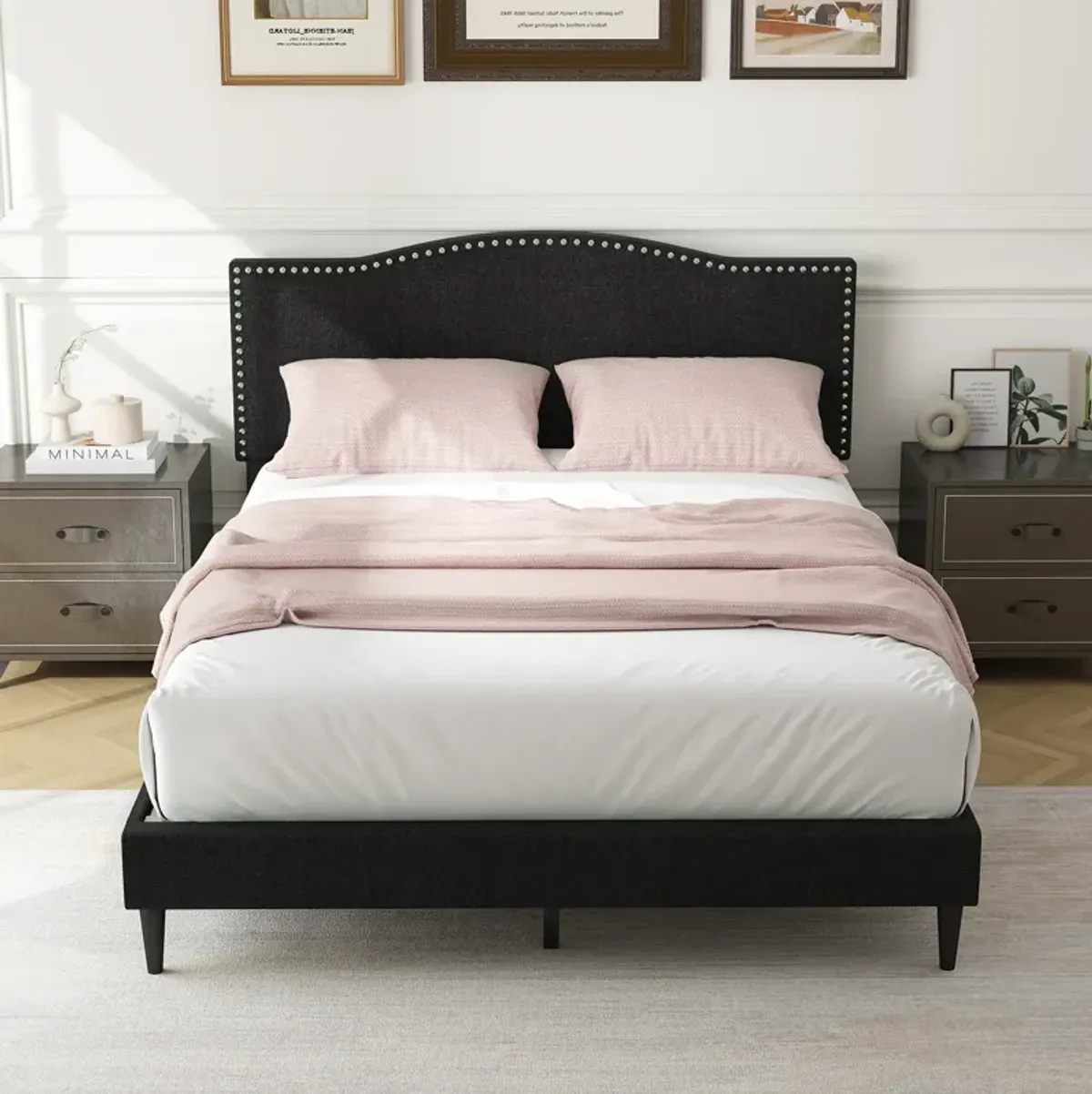 Queen Size Upholstered Bed Frame with Nailhead Trim Headboard-Queen Size