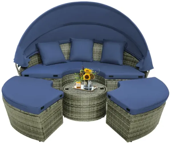 Outdoor PE Wicker Round Daybed with Retractable Canopy and Cushions-Navy