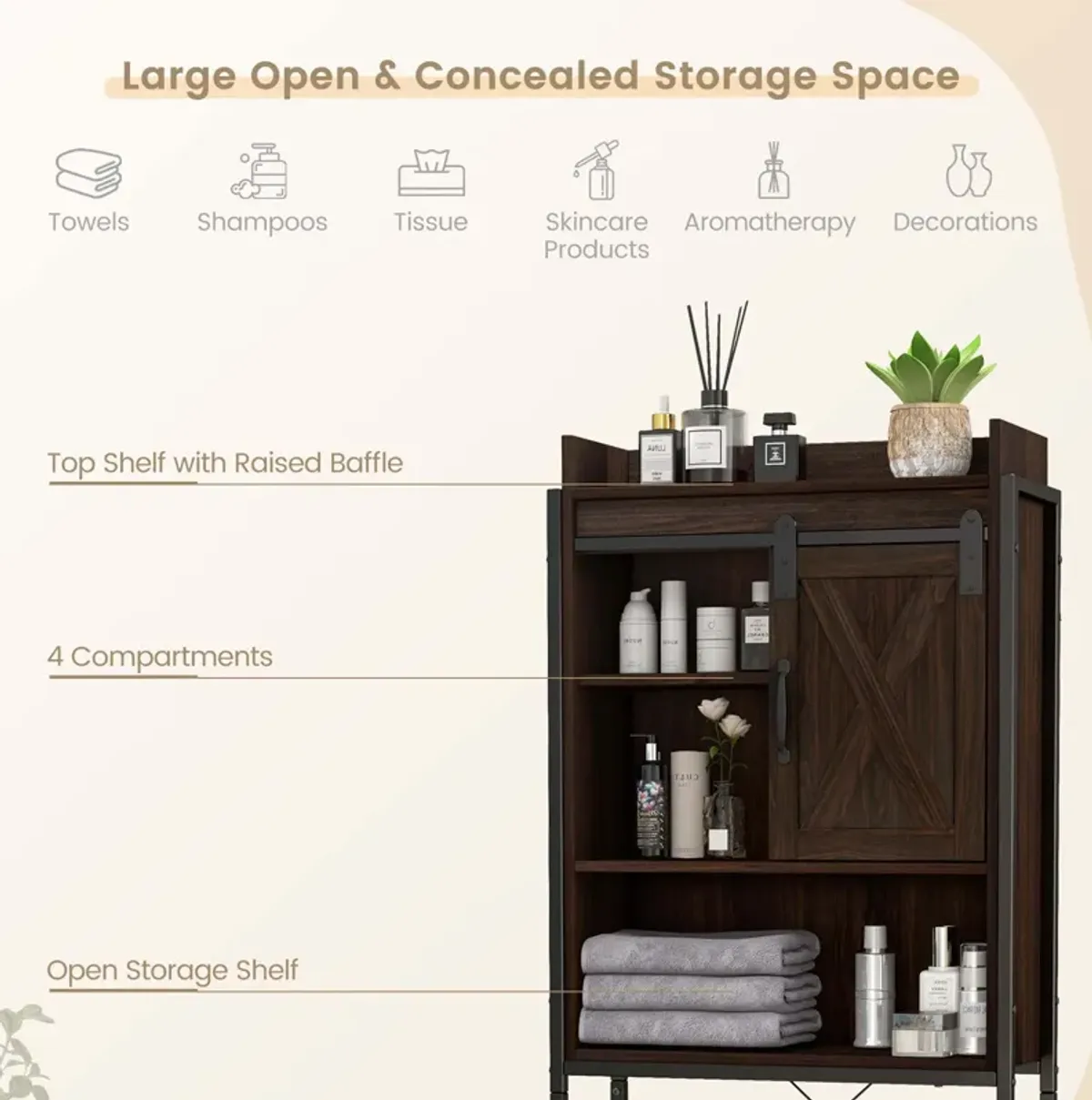 Costway Over-The-Toilet Storage Cabinet Bathroom Organizer w/ Sliding Barn Door Espresso