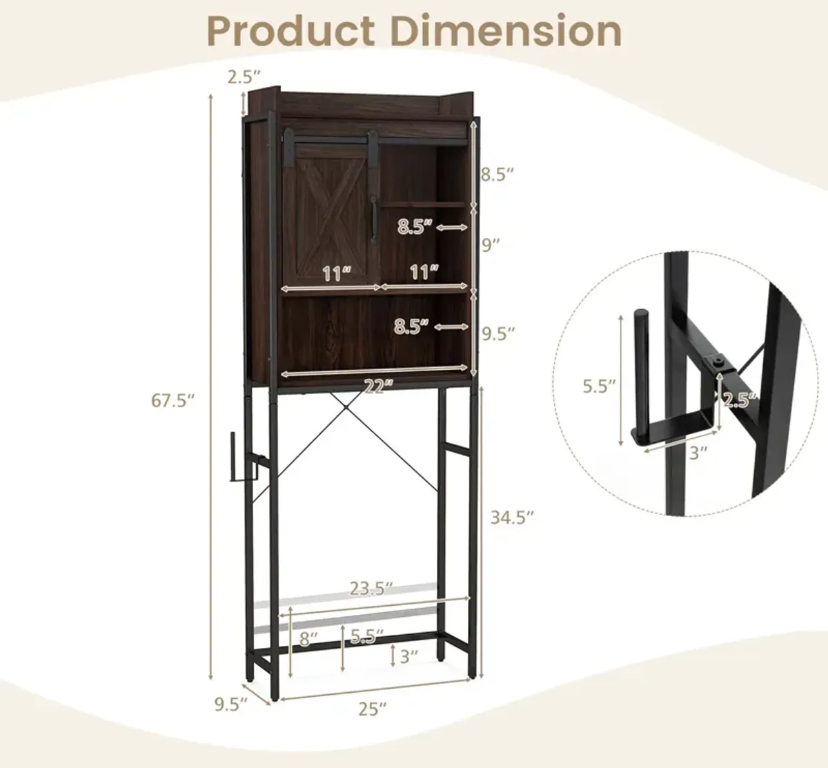 Costway Over-The-Toilet Storage Cabinet Bathroom Organizer w/ Sliding Barn Door Espresso