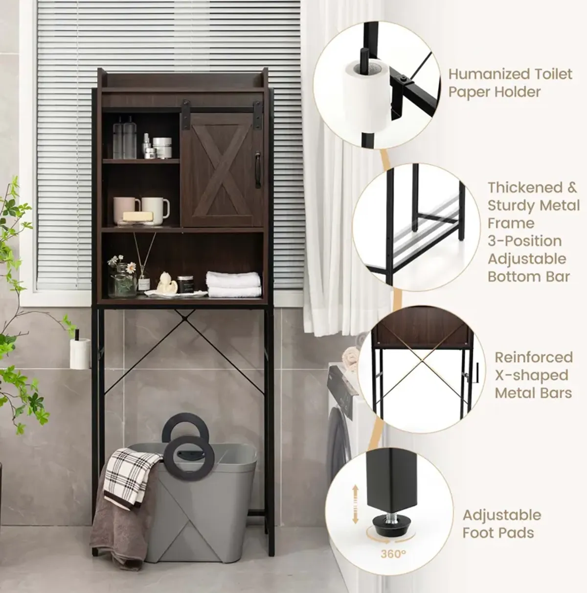 Costway Over-The-Toilet Storage Cabinet Bathroom Organizer w/ Sliding Barn Door Espresso