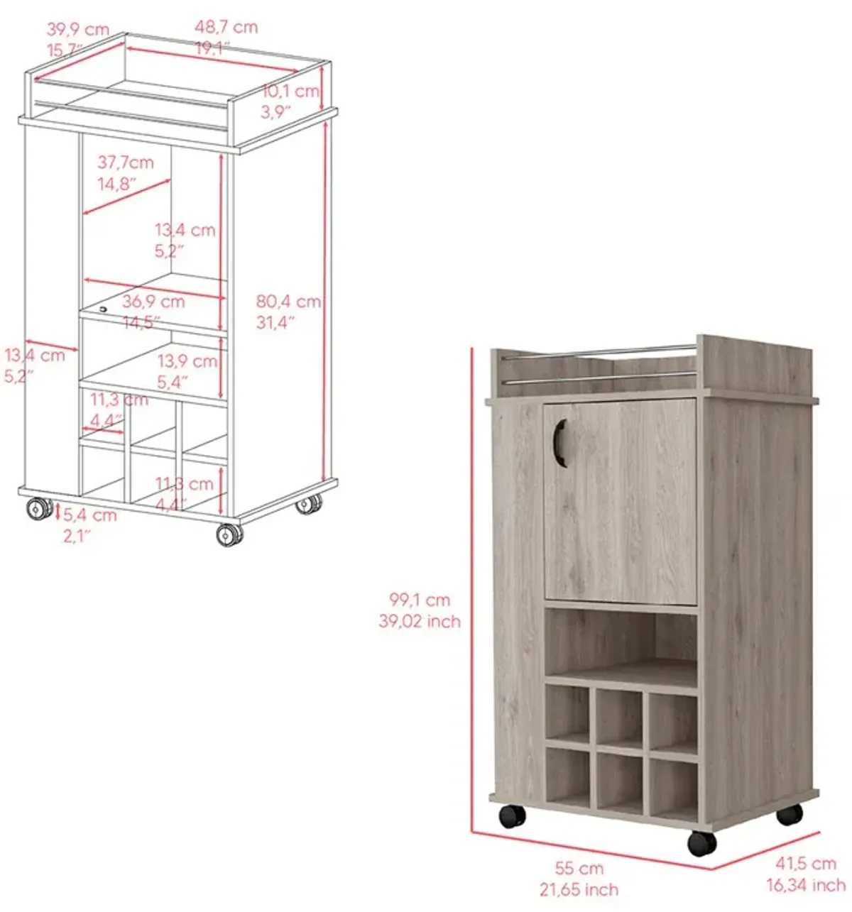 Bar Cart Reese, Living Room, Light Gray