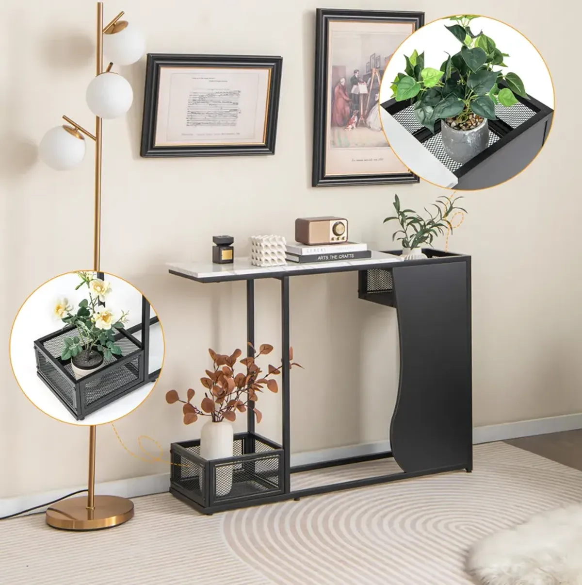 43.5 Inch Console Table with Plant Position and Faux Marble Top-Black