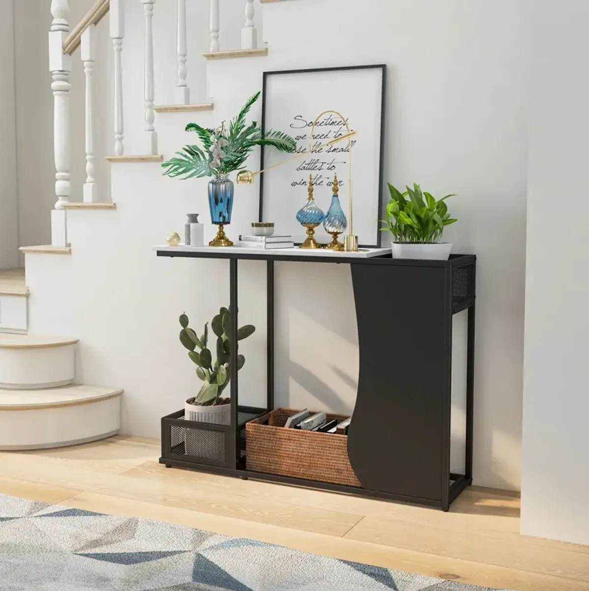 43.5 Inch Console Table with Plant Position and Faux Marble Top-Black