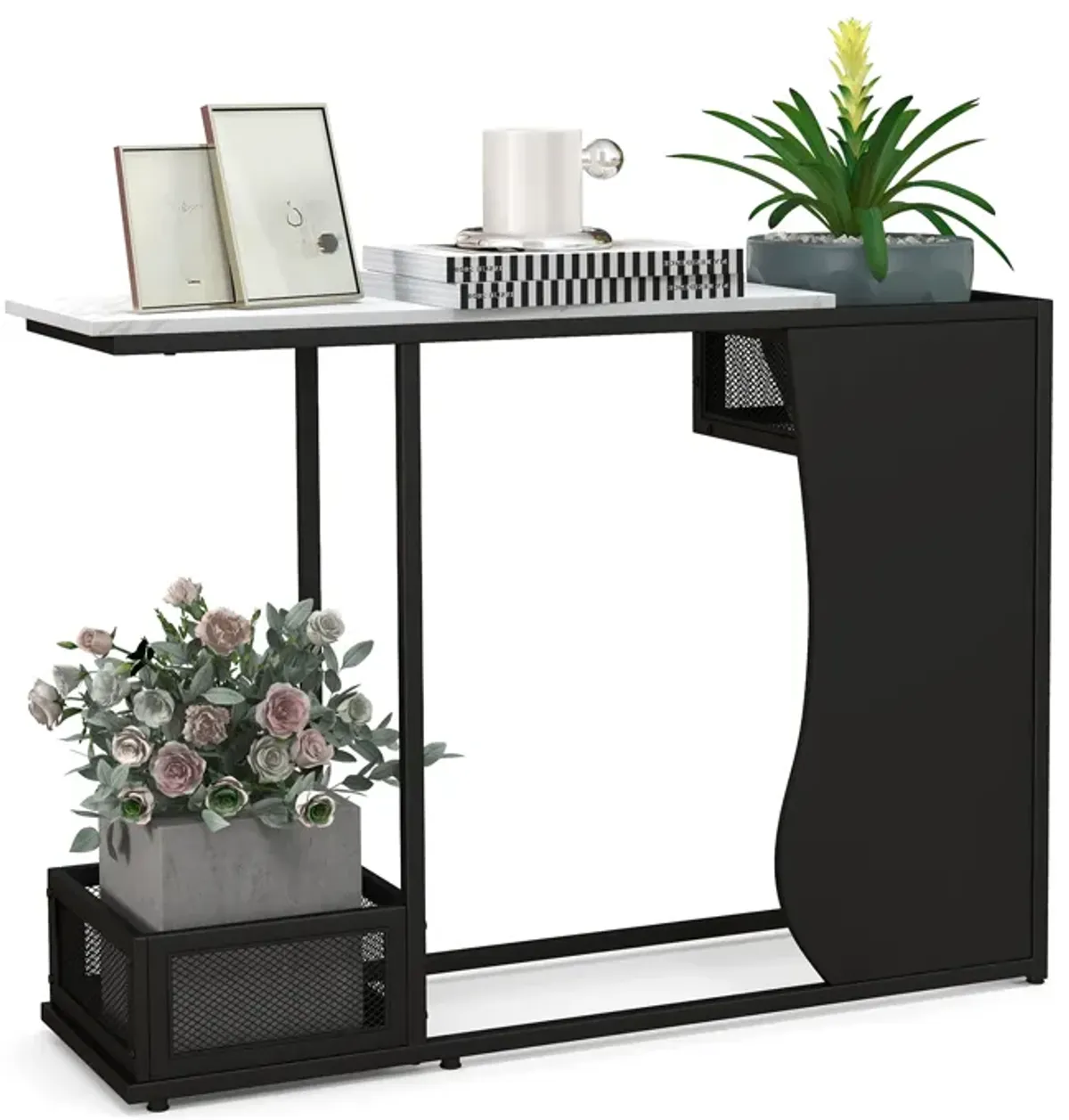 43.5 Inch Console Table with Plant Position and Faux Marble Top-Black