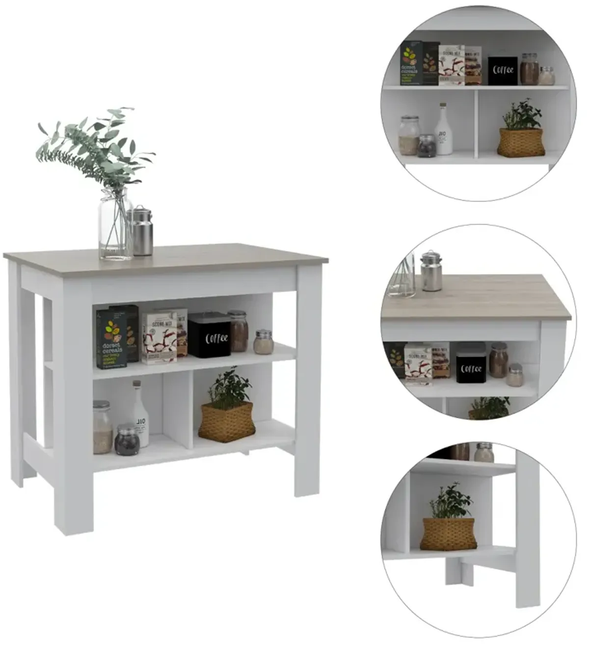 Cala Kitchen Island Antibacterial, Three Shelves, Four Legs - Light Gray White