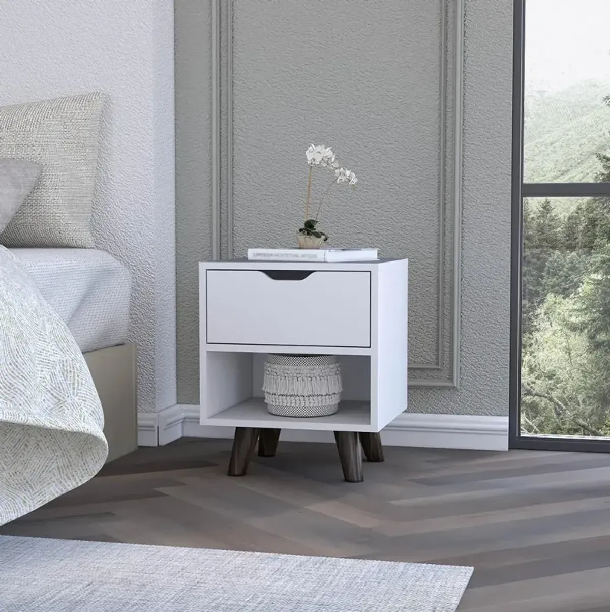 Nightstand with Spacious Drawer, Open Storage Shelf and Chic Wooden Legs, White