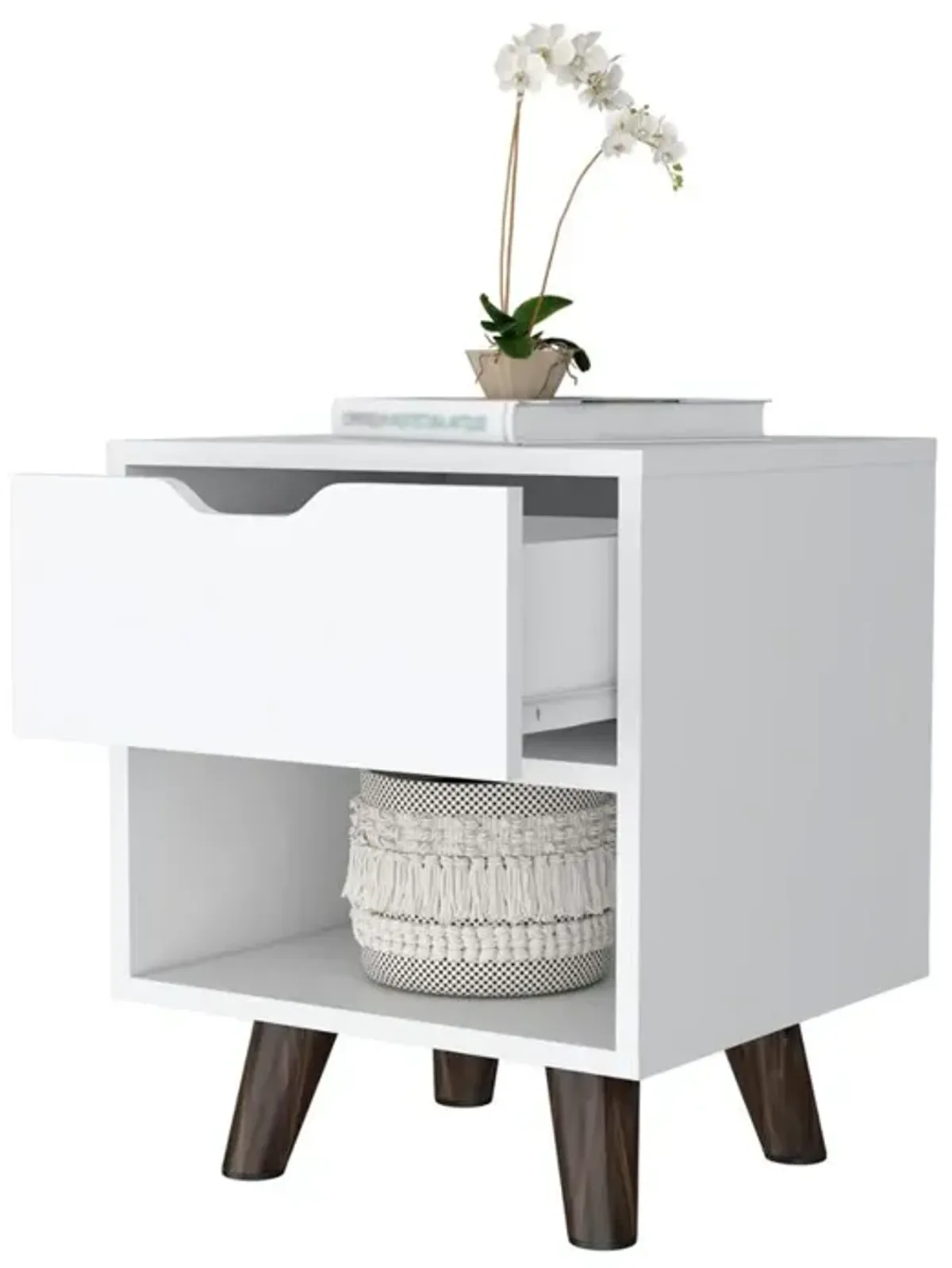 Nightstand with Spacious Drawer, Open Storage Shelf and Chic Wooden Legs, White