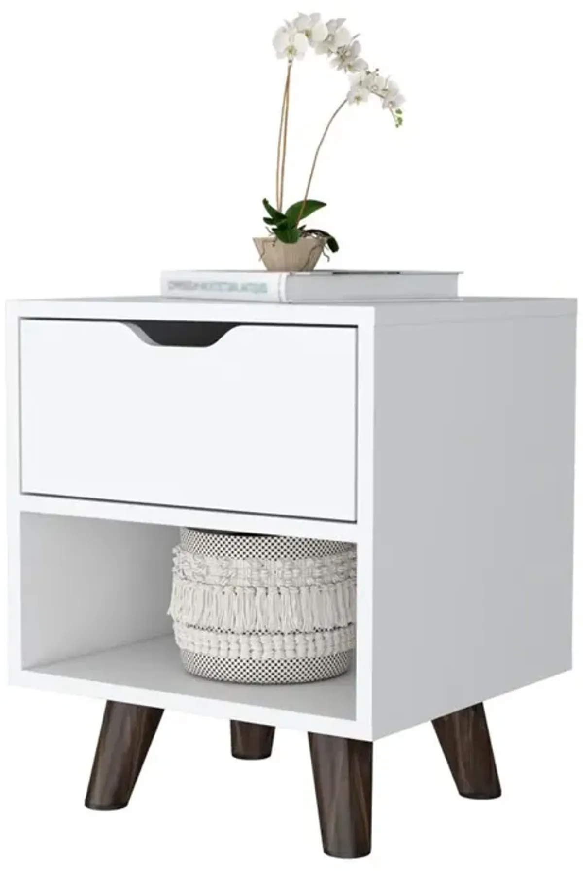 Nightstand with Spacious Drawer, Open Storage Shelf and Chic Wooden Legs, White