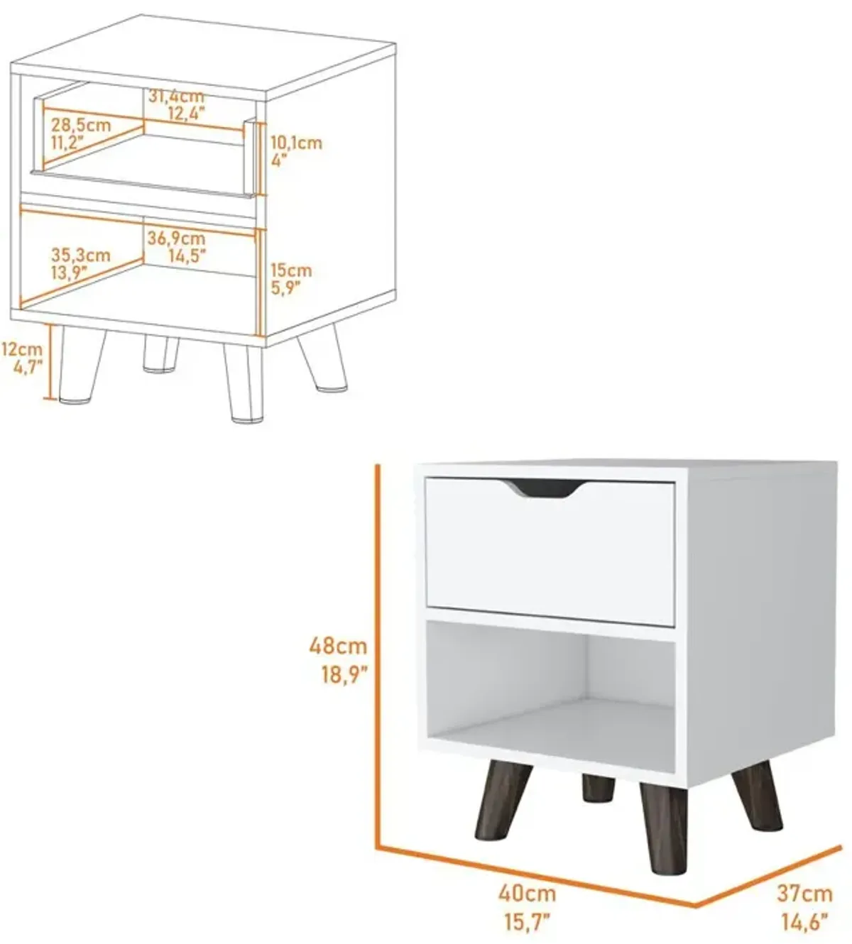 Nightstand with Spacious Drawer, Open Storage Shelf and Chic Wooden Legs, White