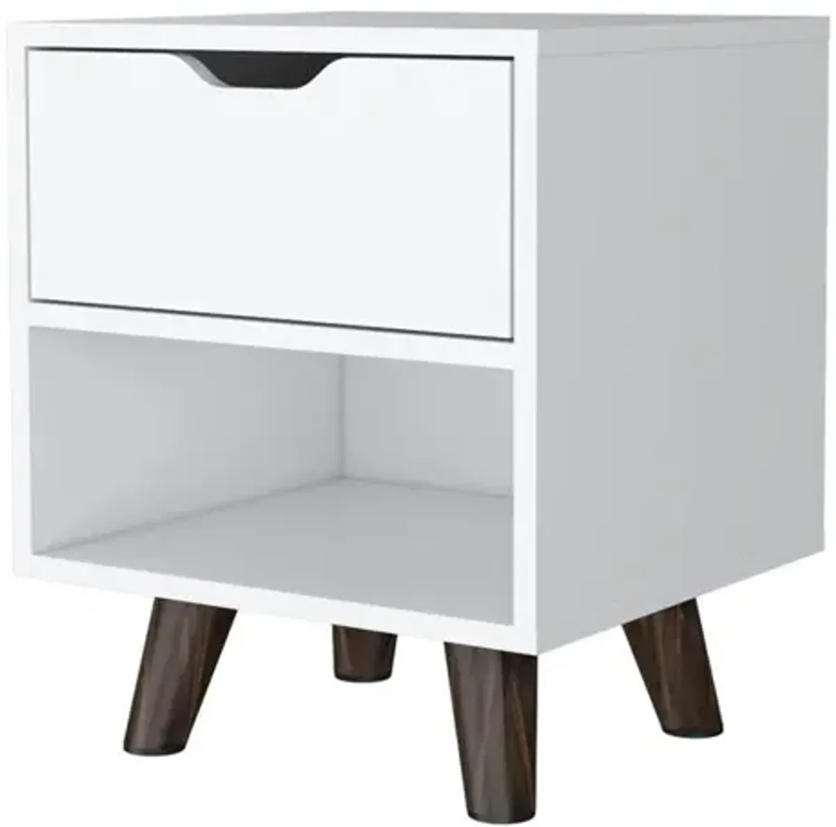 Nightstand with Spacious Drawer, Open Storage Shelf and Chic Wooden Legs, White