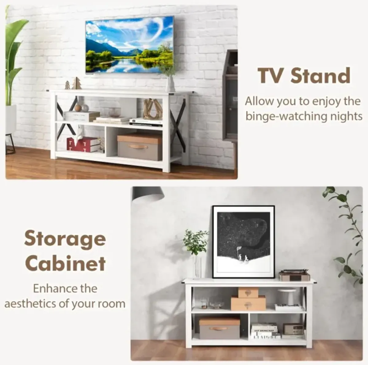 Hivvago 3 Tier Wood TV Stand for 55-Inch with Open Shelves and X-Shaped Frame