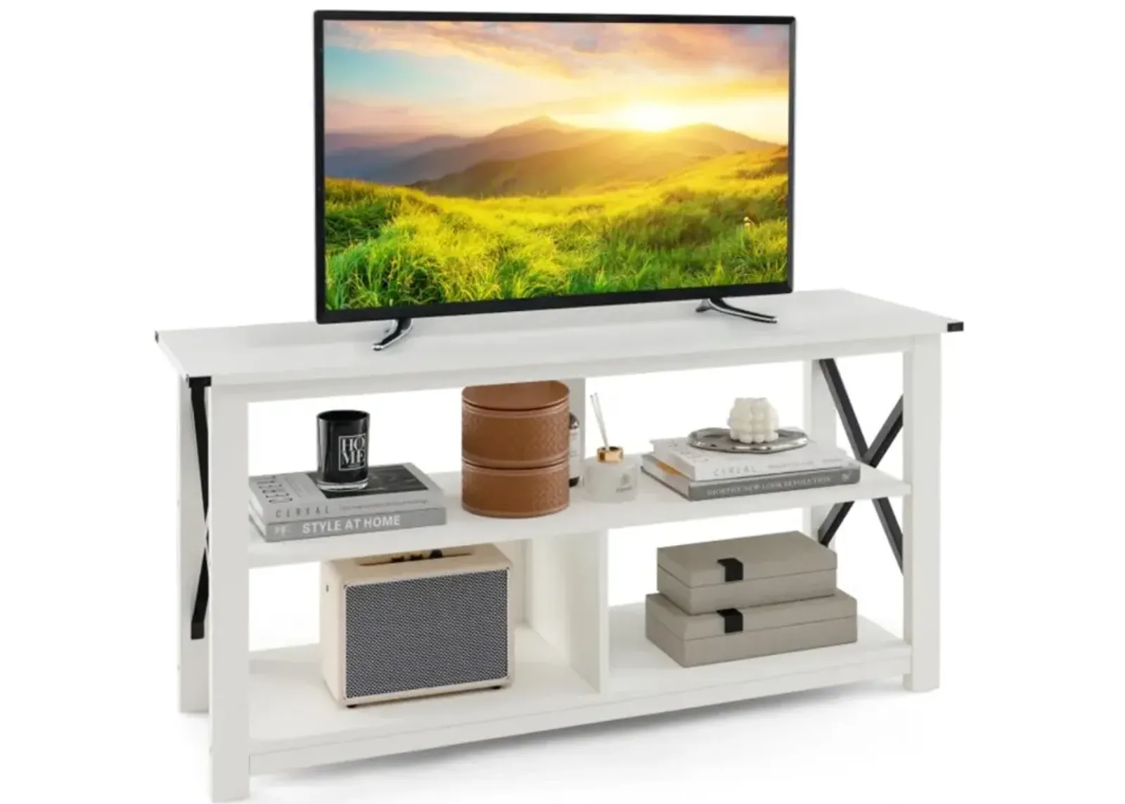 Hivvago 3 Tier Wood TV Stand for 55-Inch with Open Shelves and X-Shaped Frame