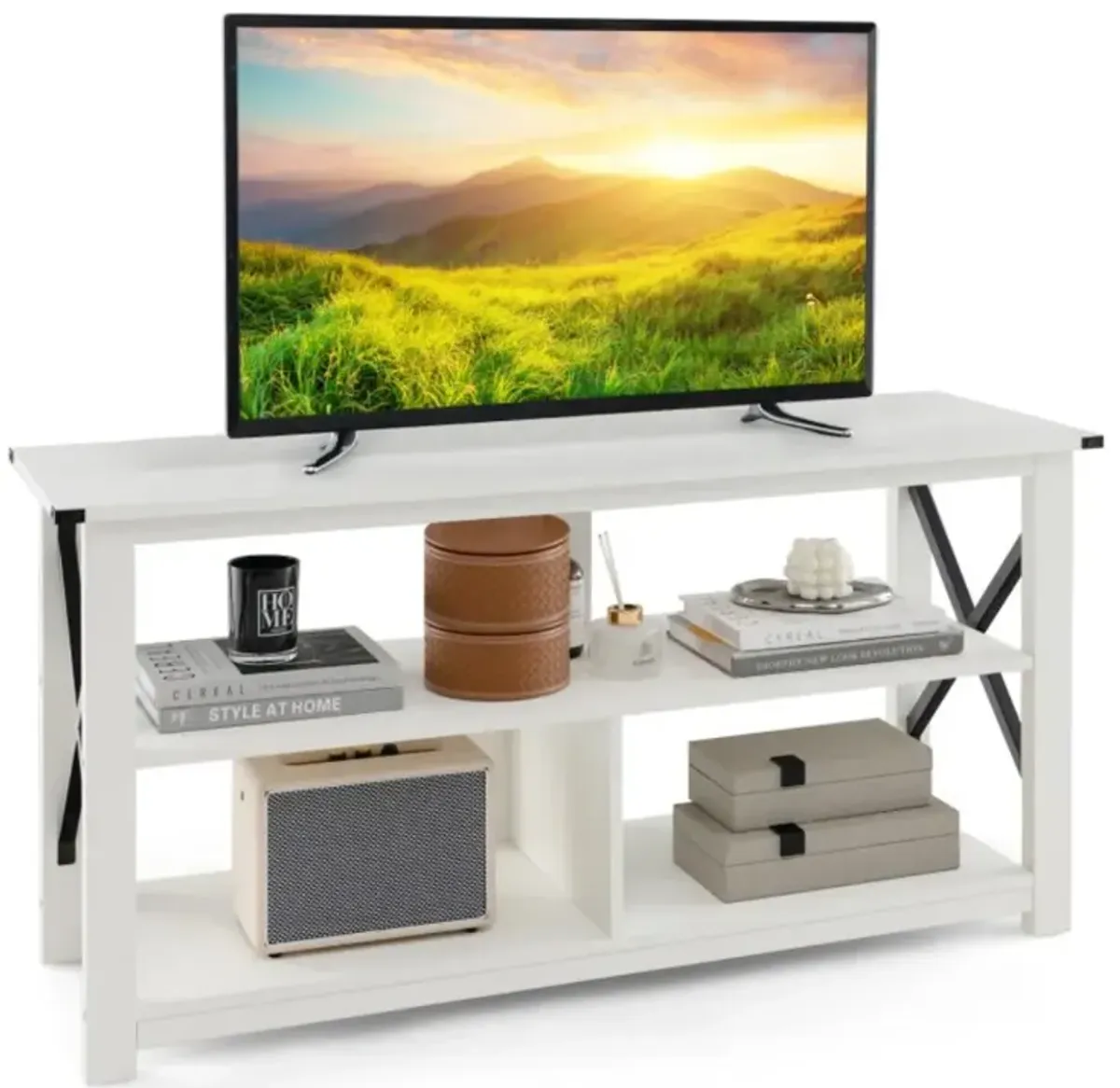 Hivvago 3 Tier Wood TV Stand for 55-Inch with Open Shelves and X-Shaped Frame