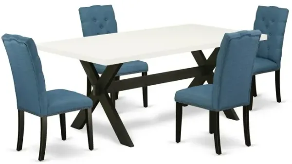 East West Furniture 5-Piece Beautiful Dining Room Table Set a Great Linen White Dining Table Top and 4 Excellent Linen Fabric Solid Wood Leg Chairs with Nail Heads and Button Tufted Chair