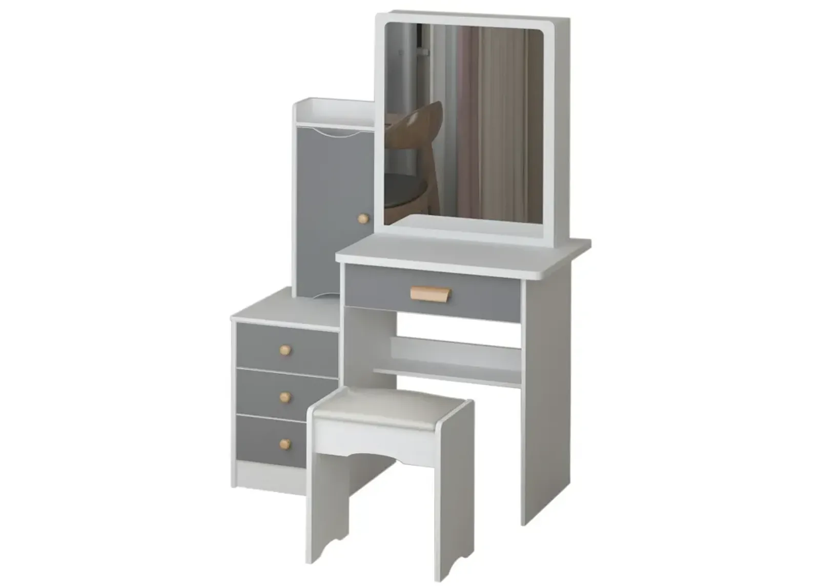 Gray Wood Sliding Big Mirror Makeup Vanity Sets Dresser Table Sets With Storage Shelves, 4-Drawers and Stool