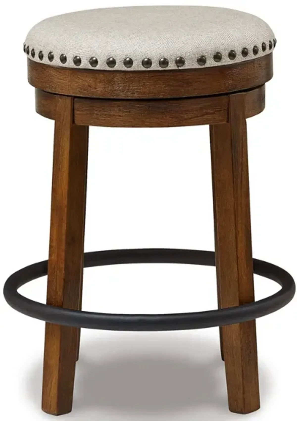 Zane 24 Inch Backless Swivel Counter Stool, Round Beige Seat, Brown Wood - Benzara