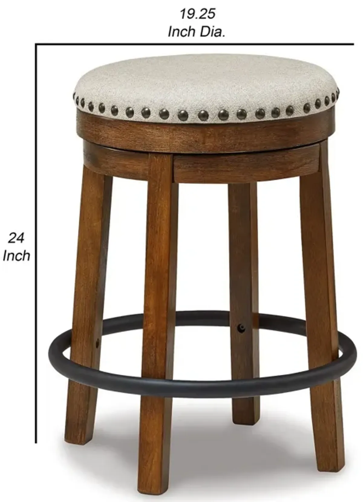 Zane 24 Inch Backless Swivel Counter Stool, Round Beige Seat, Brown Wood - Benzara