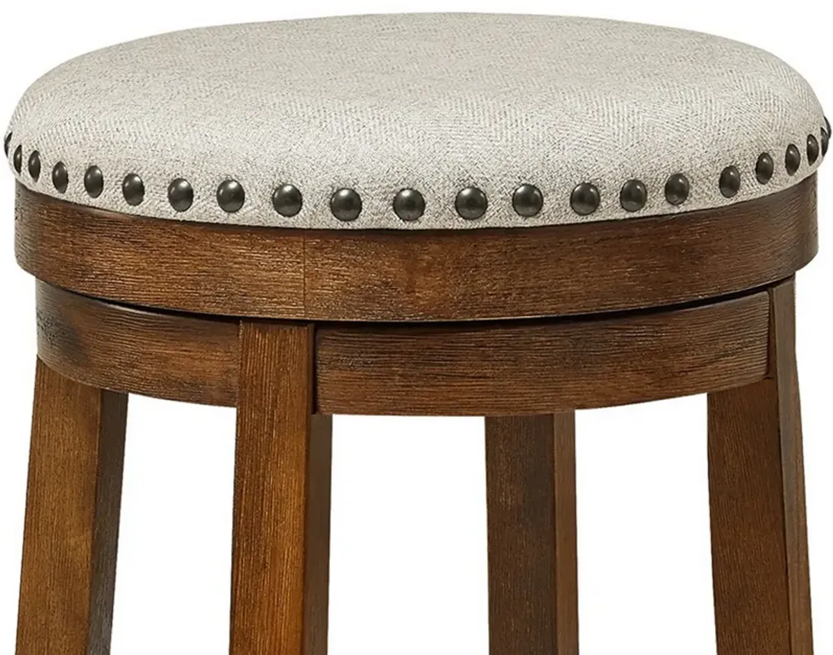 Zane 24 Inch Backless Swivel Counter Stool, Round Beige Seat, Brown Wood - Benzara