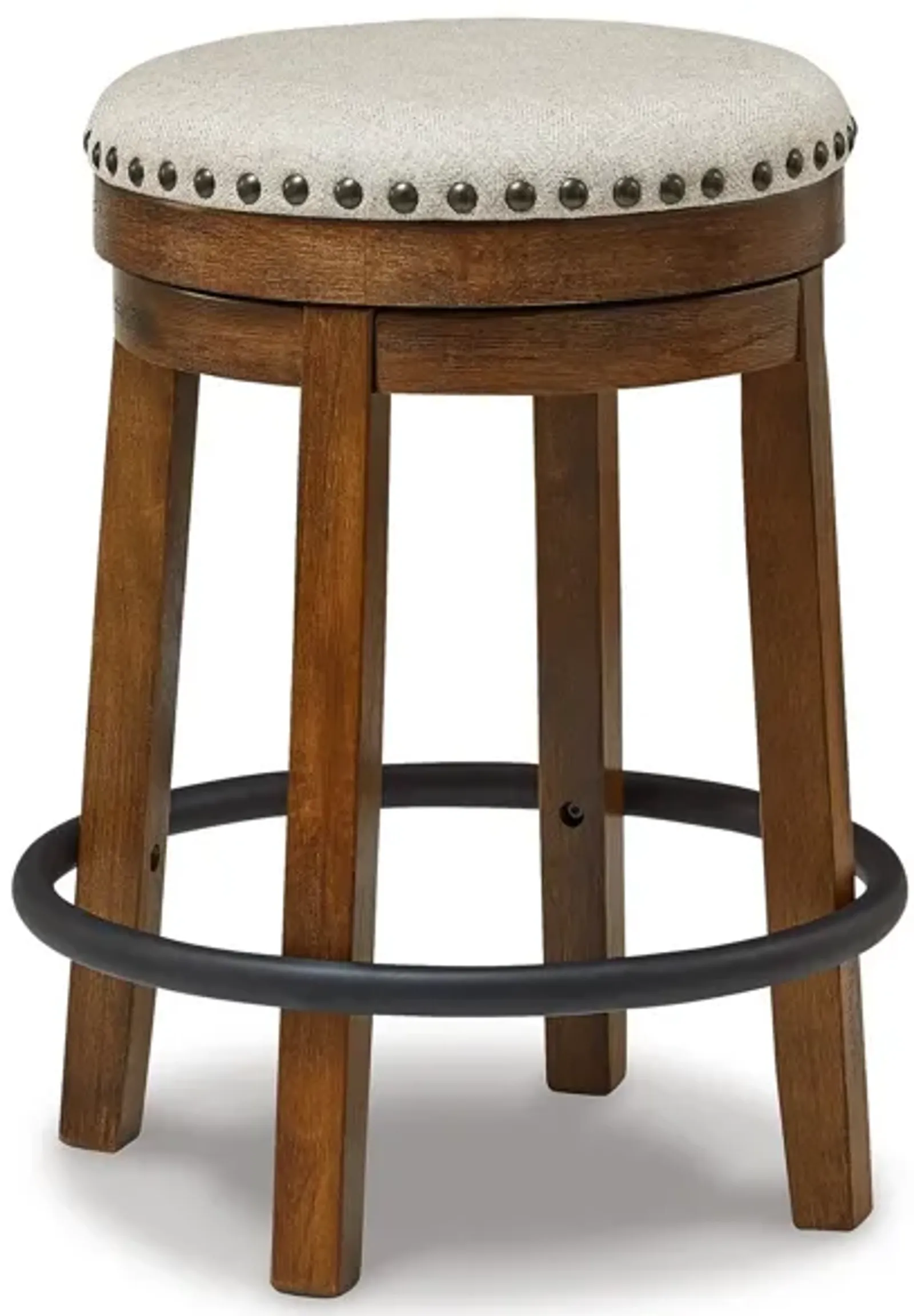 Zane 24 Inch Backless Swivel Counter Stool, Round Beige Seat, Brown Wood - Benzara