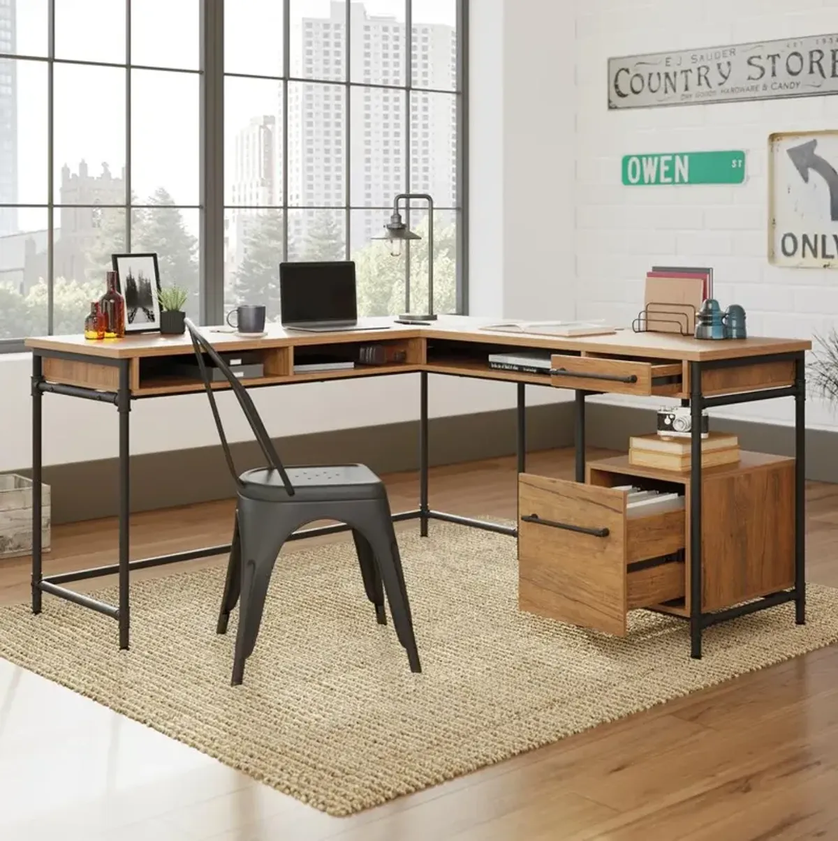 Sauder Iron City L Desk Checked Oak