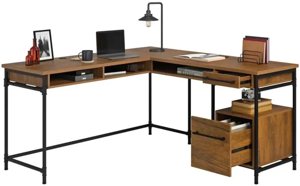 Sauder Iron City L Desk Checked Oak