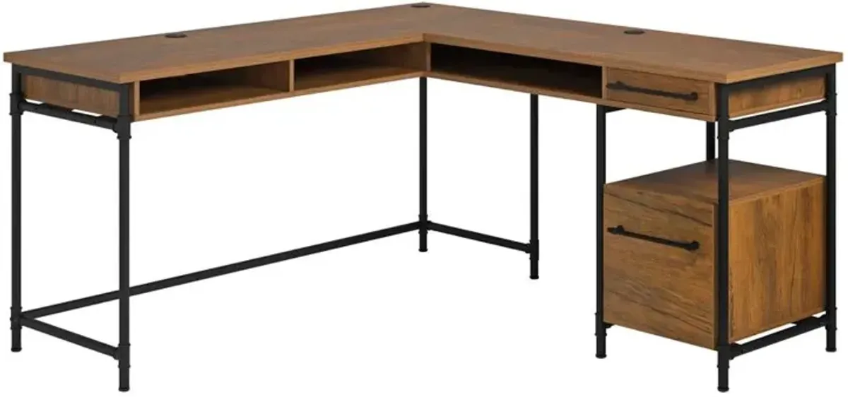 Sauder Iron City L Desk Checked Oak