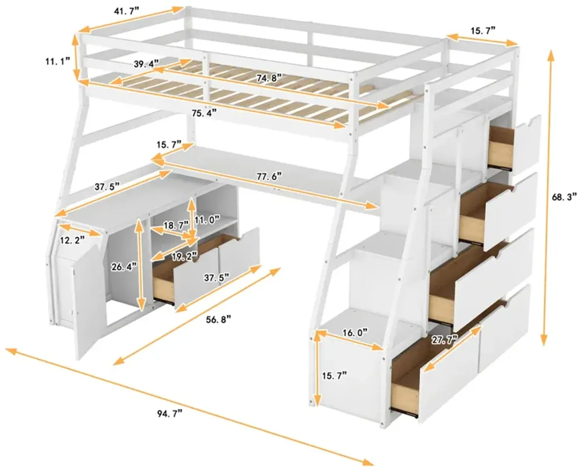 Twin Size Loft Bed With With 7 Drawers 2 Shelves And Desk