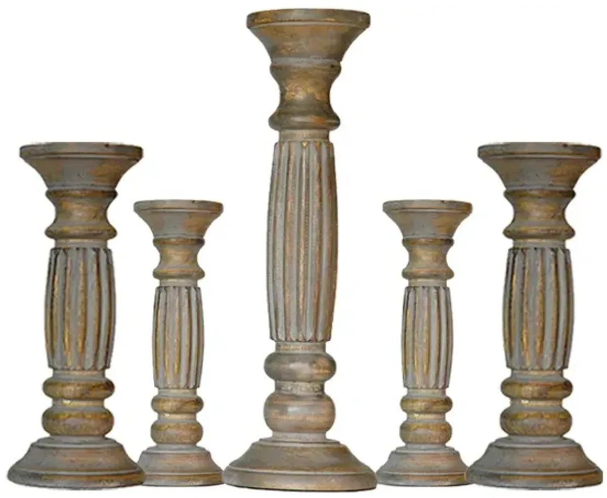 Traditional Gray Wash Eco-friendly Handmade Mango Wood Set Of Five 9",12",15",12" & 9" Pillar Candle Holder