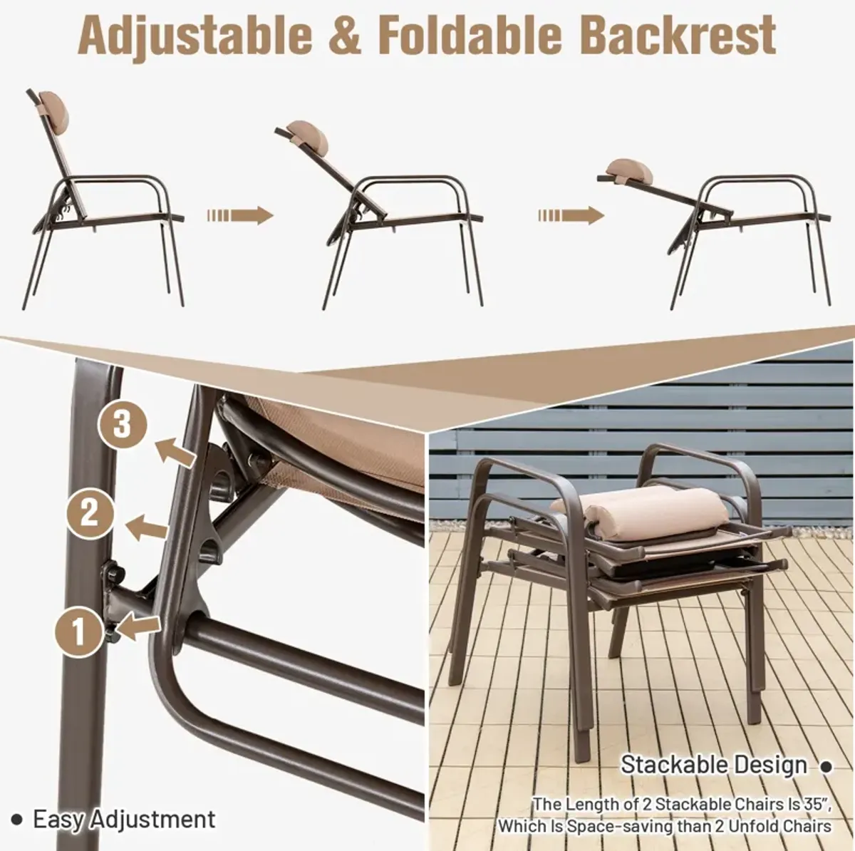 3 Pieces Patio Bistro Furniture Set with Adjustable Backrest