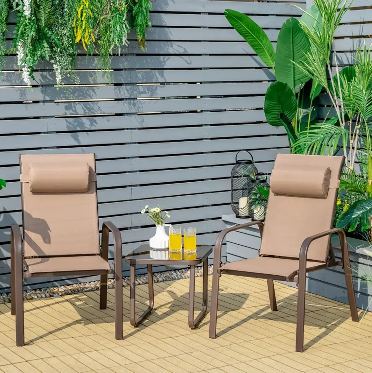 3 Pieces Patio Bistro Furniture Set with Adjustable Backrest