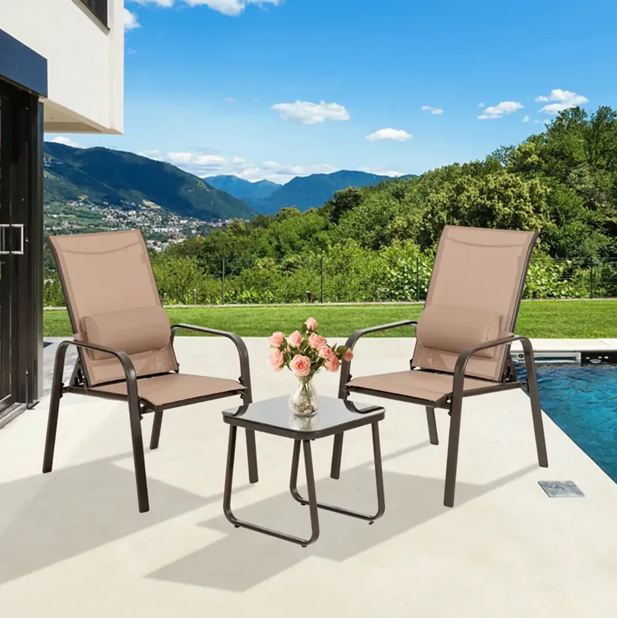 3 Pieces Patio Bistro Furniture Set with Adjustable Backrest