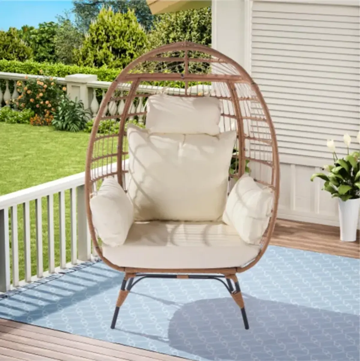 Wicker Egg Chair, Oversized Indoor Outdoor Lounger for Patio, Backyard, Living Room w/ 5 Cushions, Steel Frame, 440lb Capacity