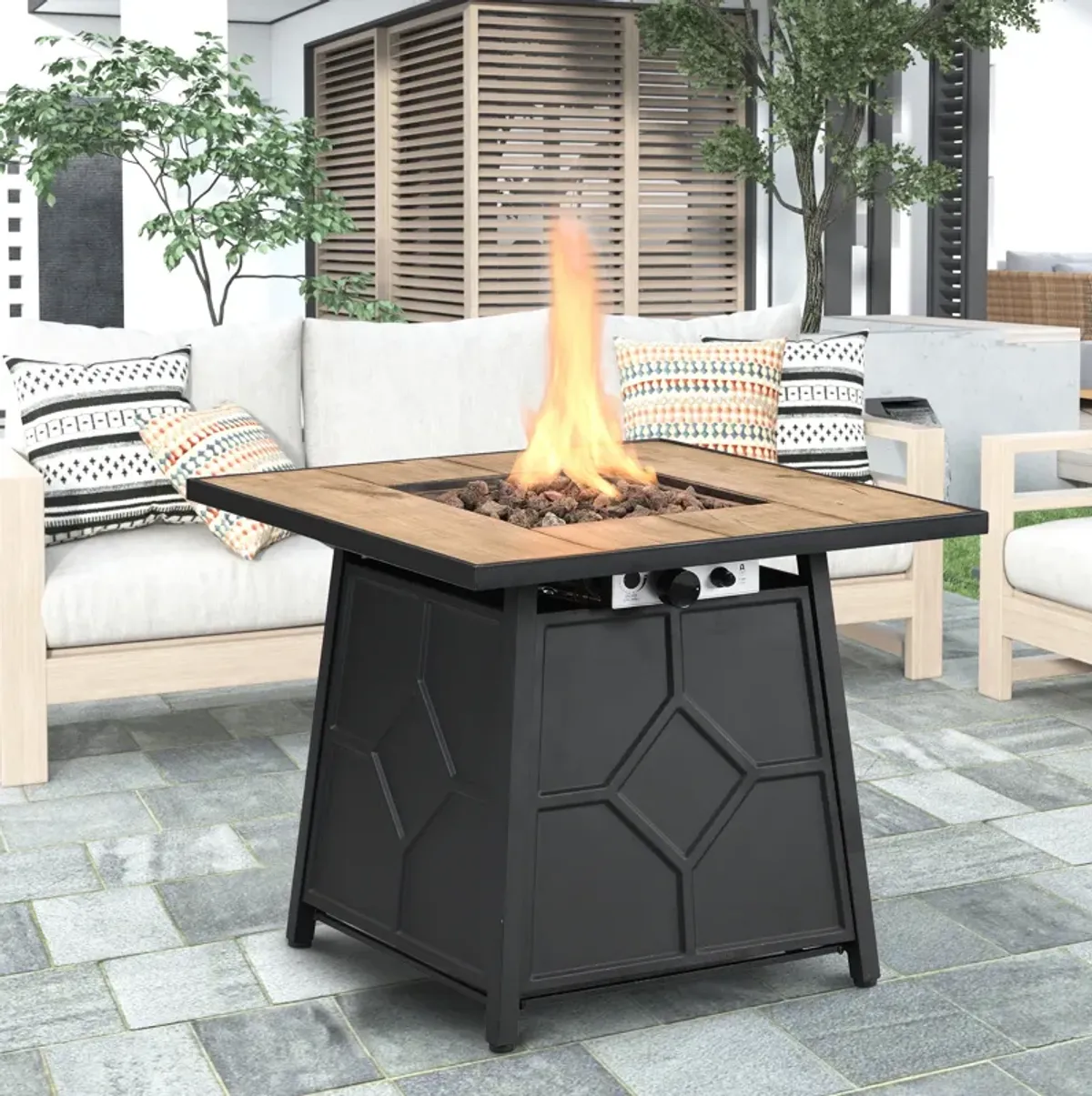 5 Piece Patio Dining Set with Swivel Chairs and Brown 28-inch Square 40,000 BTU Auto-Ignition Propane Gas Fire Pit Table