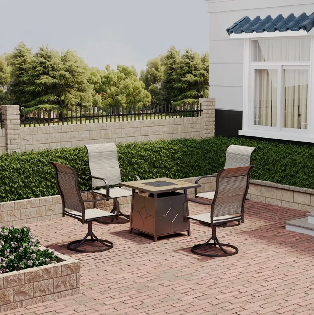 5 Piece Patio Dining Set with Swivel Chairs and Brown 28-inch Square 40,000 BTU Auto-Ignition Propane Gas Fire Pit Table