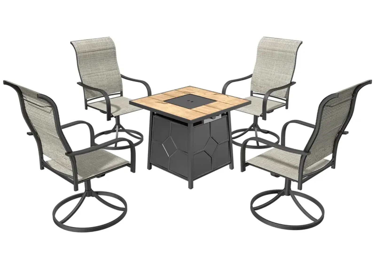 5 Piece Patio Dining Set with Swivel Chairs and Brown 28-inch Square 40,000 BTU Auto-Ignition Propane Gas Fire Pit Table