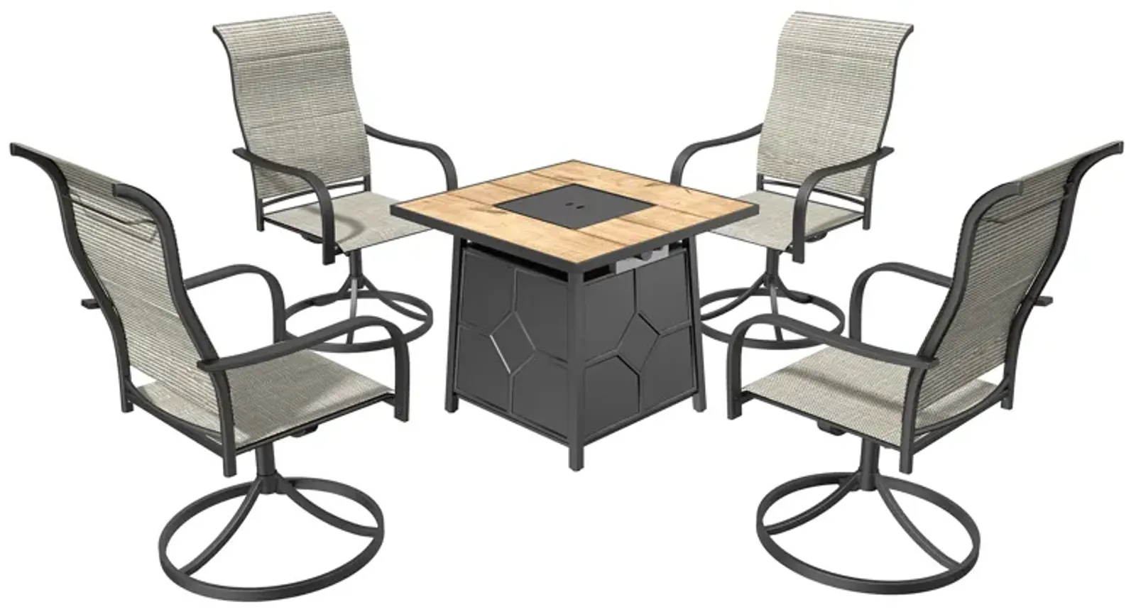 5 Piece Patio Dining Set with Swivel Chairs and Brown 28-inch Square 40,000 BTU Auto-Ignition Propane Gas Fire Pit Table