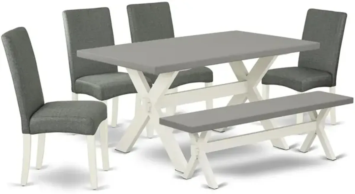 East West Furniture X096DR207-6 6-Pc Dining Set - 4 Kitchen Chairs, a Wooden Bench Cement Top and 1 Modern Rectangular Cement Dining Room Table Top with High Chair Back - Linen White Finish
