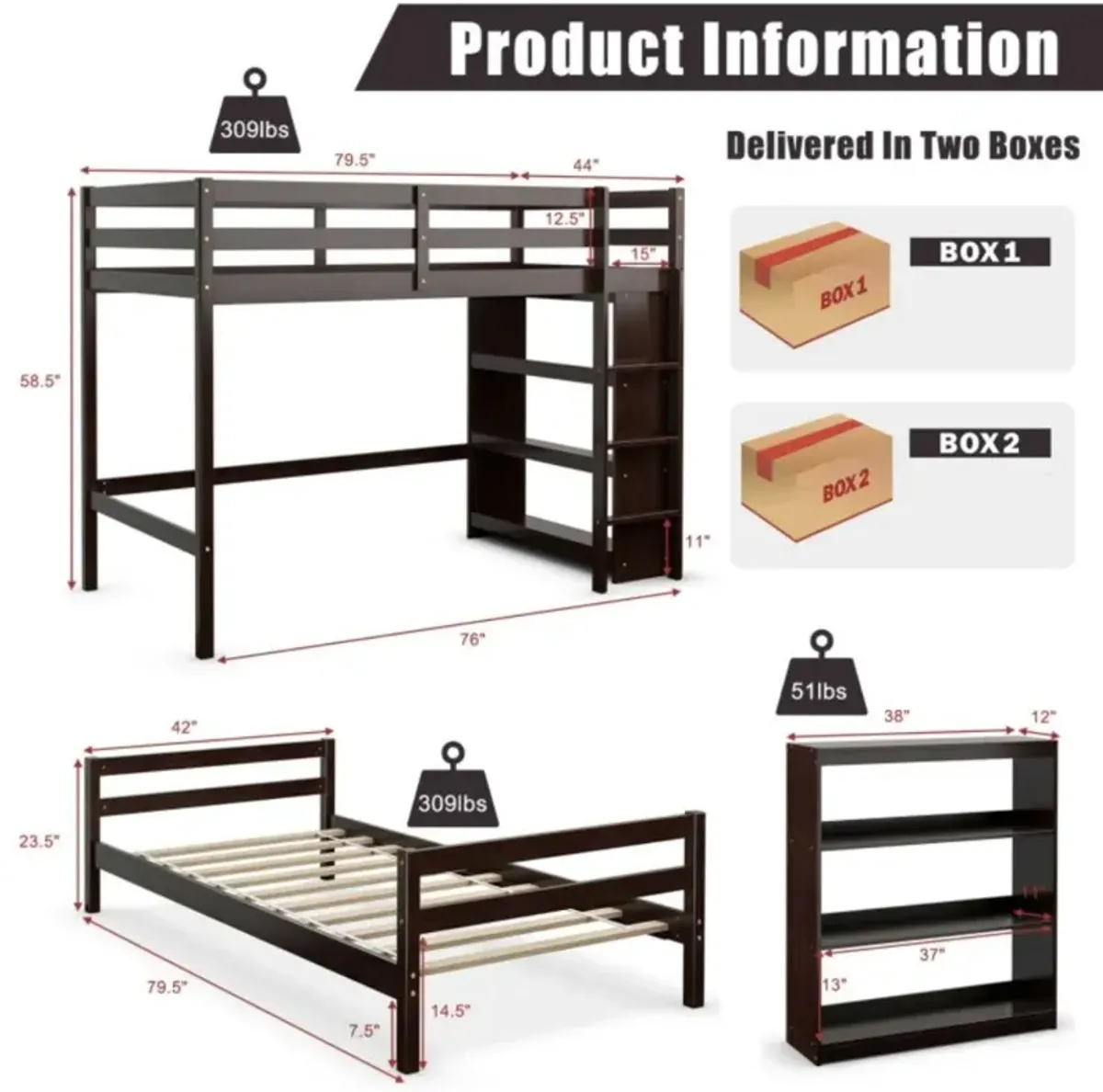 Hivvago Twin Over Twin Loft Bunk Bed with 3-Tier Bookcase